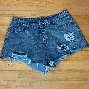 Black wash distressed denim shorts